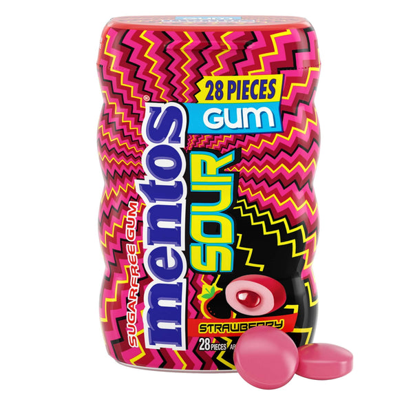 Mentos Sour Strawberry Flavoured Sugar Free Gum Bottle 28 Pcs