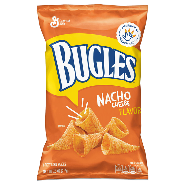 Bugles Nacho Cheese Flavour Crispy Corn Snacks. America's #1 Finger Hat (TM)  Bugles, the first cone-shaped corn snack Create fun recipes with this simple snack A fan favourite since 1964 Fun for kids to eat as a delicious snack Stock your pantry with a simple everyday snack