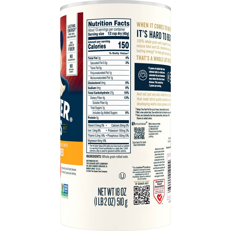 Quaker Oats Old Fashioned 100% Whole Grain Oats 510g (Best Before Date 14/01/2025)