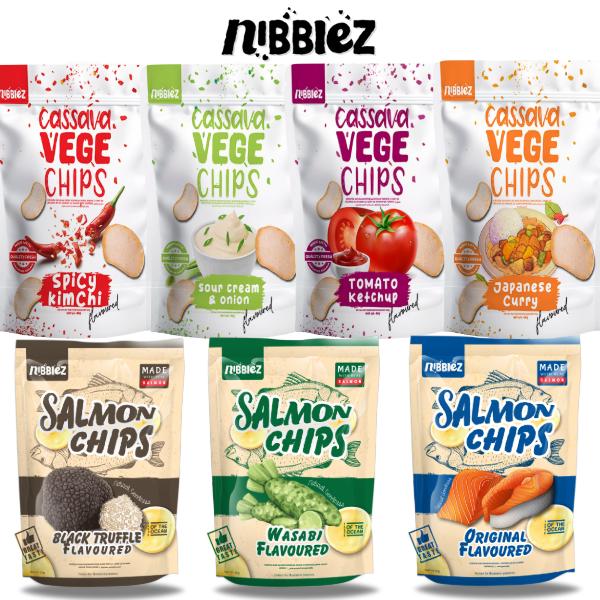 Nibblez Cassava Vege & Salmon Chips | Cassava Crisps | Salmon Crisps | Choose Your Flavour | Spicy Kimchi, Sour Cream & Onion, Tomato Ketchup, Japanese Curry, Black Truffle, Wasabi, Original Flavours