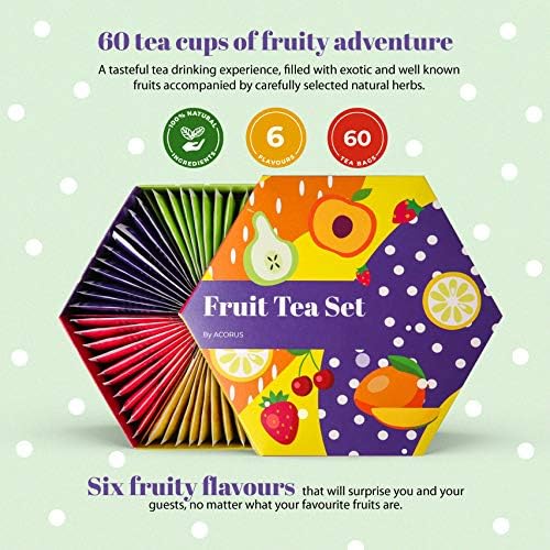 Acorus| Fruit Luxury Tea Set | Perfect for Making Natural Iced Tea | Fruit and Herbal Tea Gift Set of 6 Different Flavoured Teas in the Beautiful Tea Box | Tea Selection Box - 60 Tea Bags